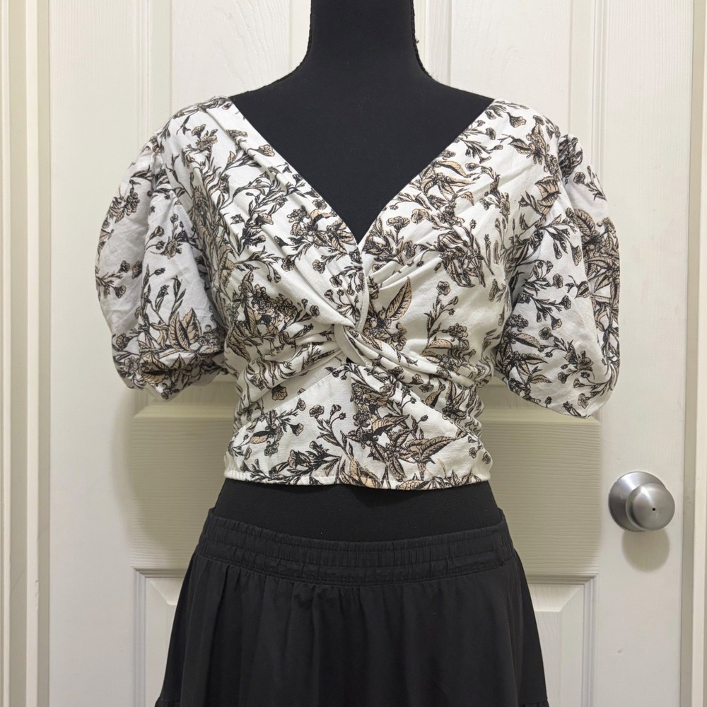 Midnight Sky Floral Smocked Crop Top Linen Blend XL Twist Front Puff Sleeve